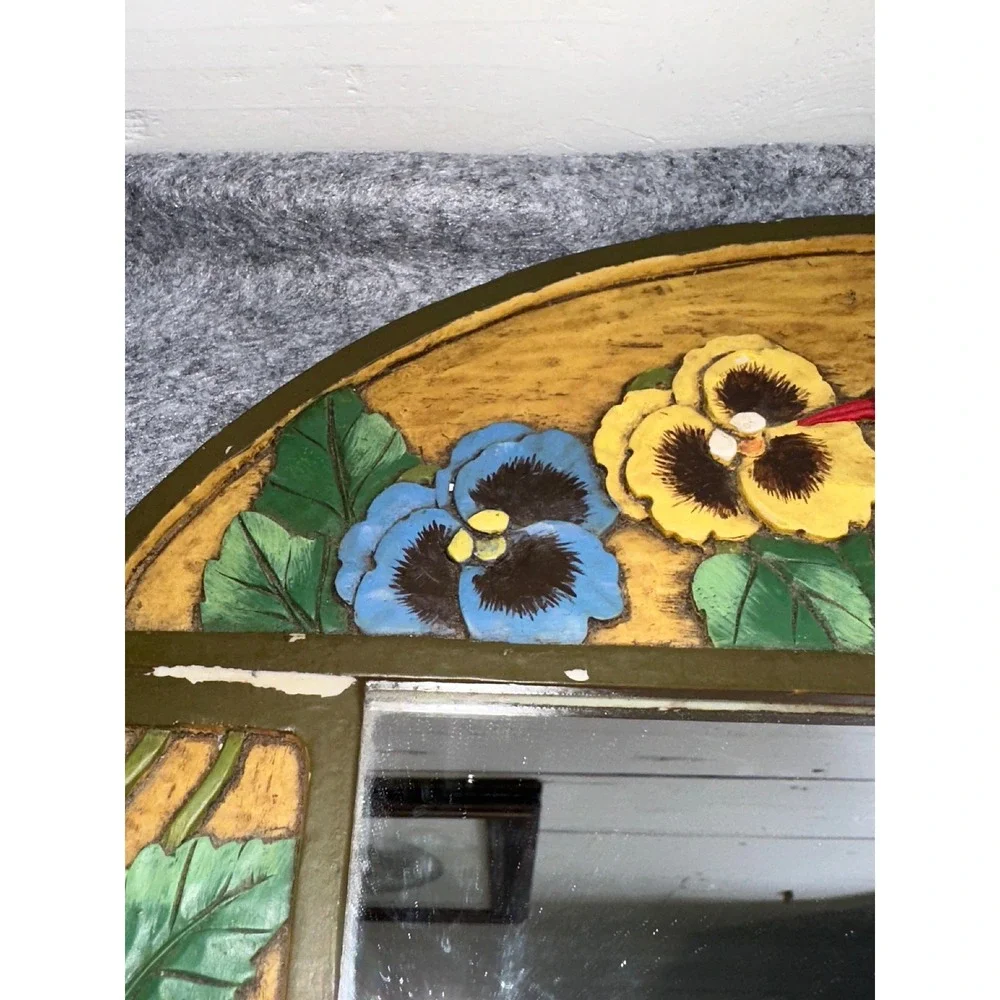 Vintage Hand Painted Pansy Hummingbird Floral Arched Wall Mirror Cottagecore